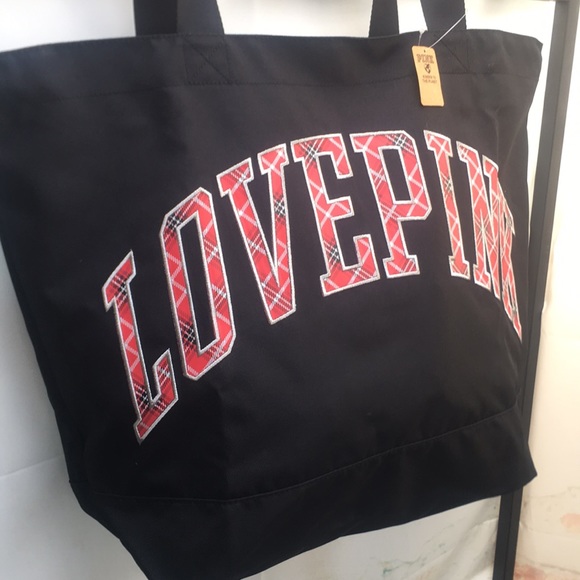 New VS PINK 2022 Black with Plaid Logo Weekender Tote Shoulder Bag - Picture 4 of 7